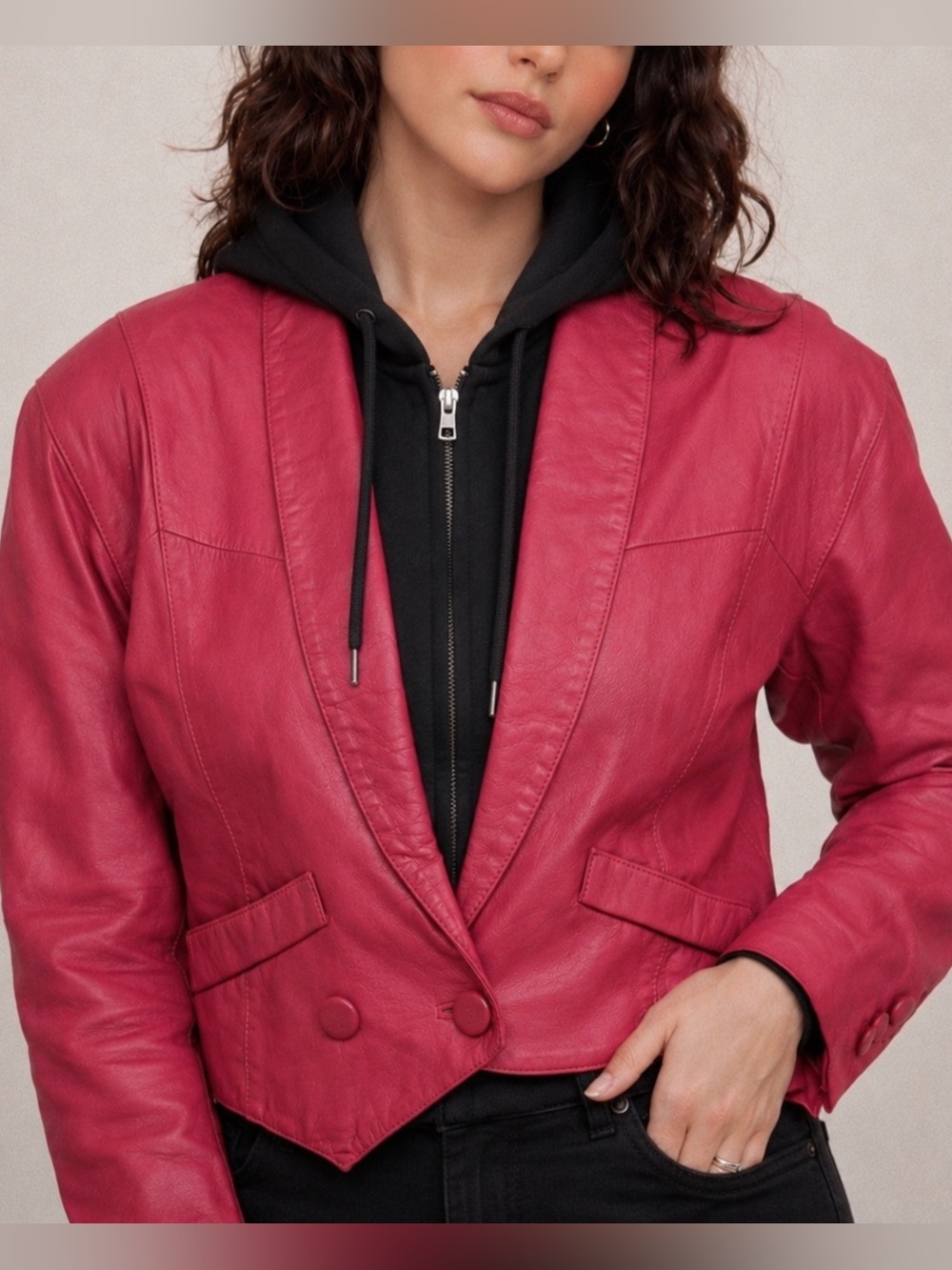 Vintage Pelle Cuir Cropped Red Leather Blazer Structured 90s